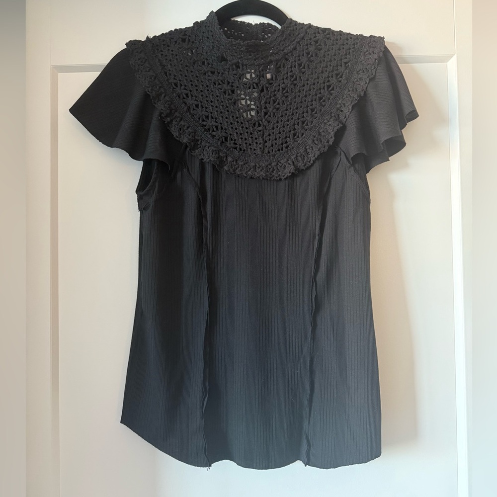 Free People Black Crochet T-Shirt, size large